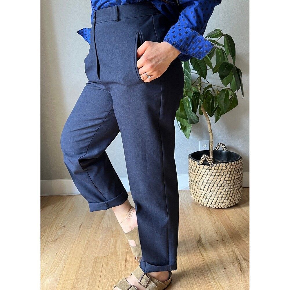vintage navy blue high waisted trousers pants pockets‎ old money size 8 petite - Picture 8 of 10